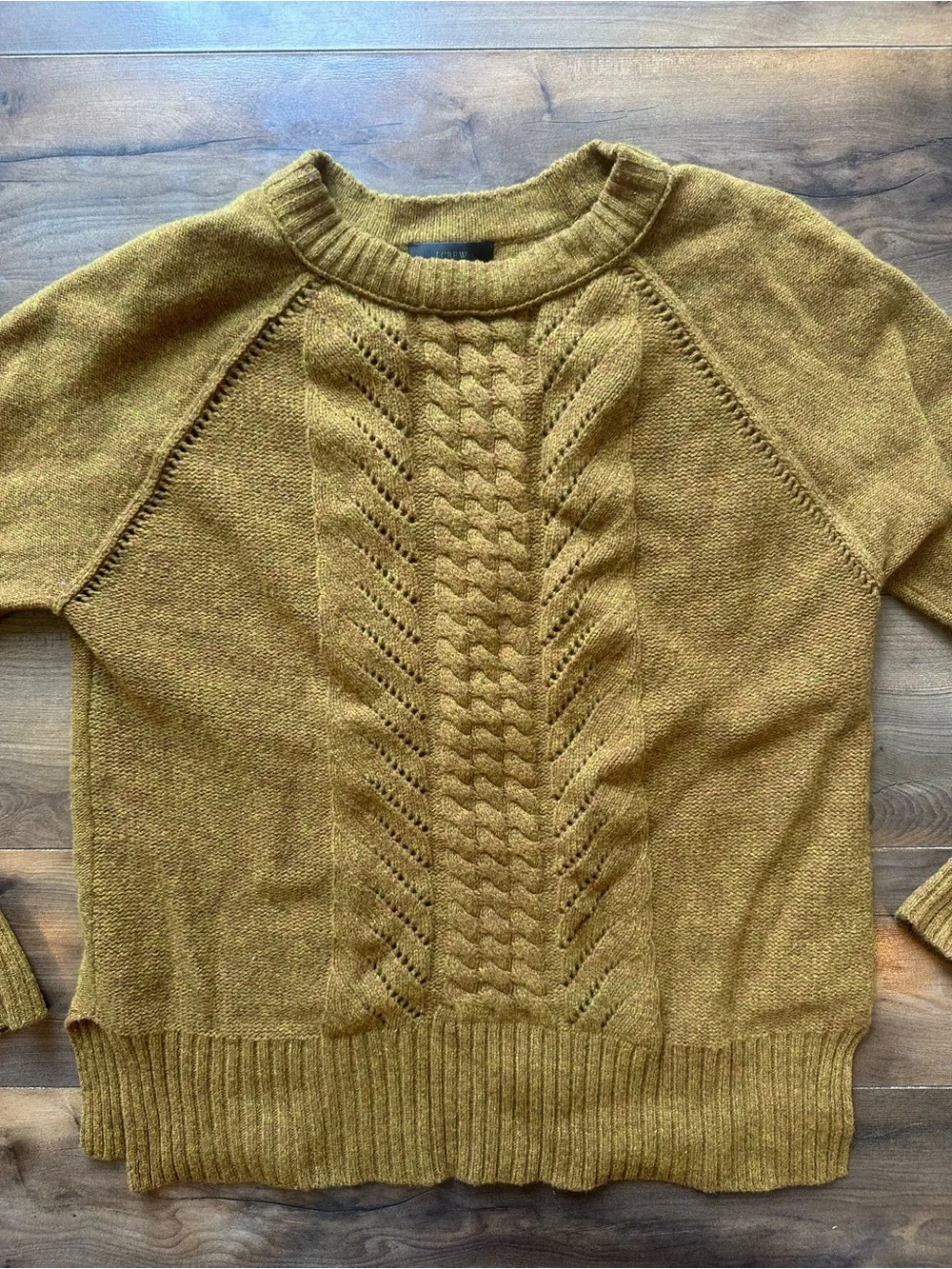 J.Crew 100% Wool Cable Knit Sweater Small Mustard Olive Crewneck Cozy